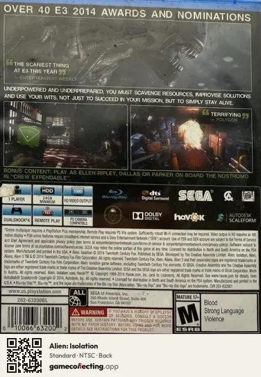 Alien: Isolation PlayStation 4, NTSC box back