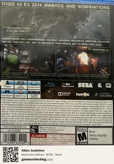 Alien: Isolation PlayStation 4, NTSC box back
