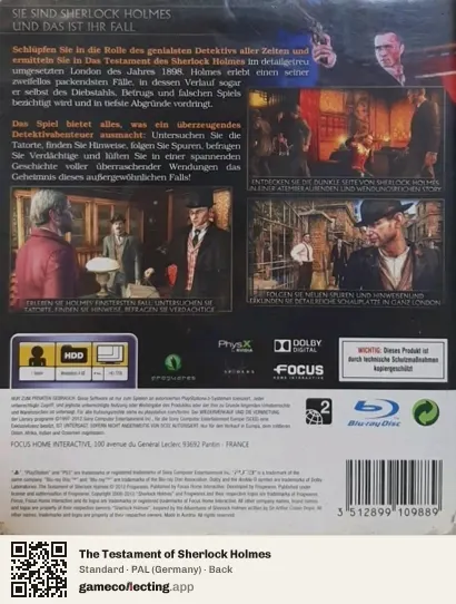 The Testament of Sherlock Holmes PlayStation 3, Germany box back