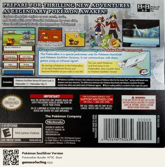 Pokémon SoulSilver Version Nintendo DS, NTSC box back