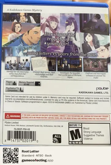 Root Letter PlayStation Vita, NTSC box back