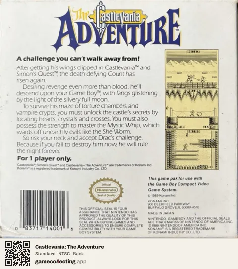 Castlevania: The Adventure Game Boy, NTSC box back