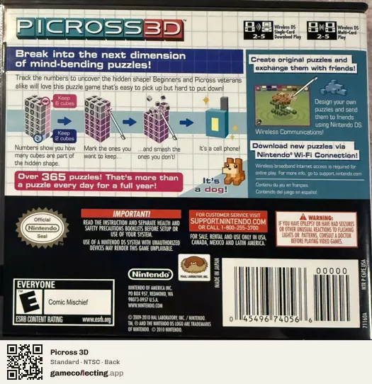 Picross 3D Nintendo DS, NTSC box back