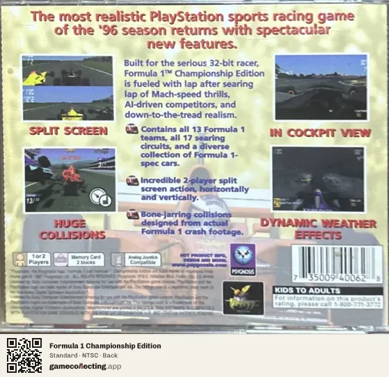 Formula 1 Championship Edition PlayStation, NTSC box back