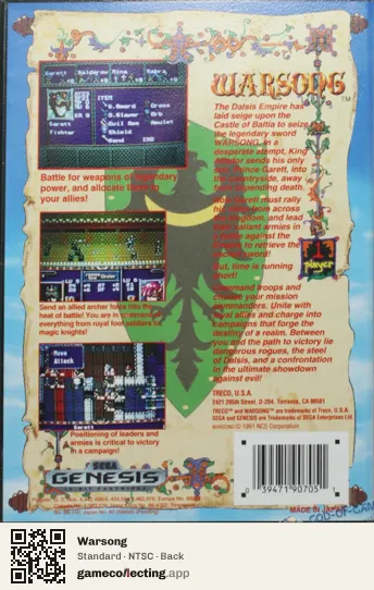 Warsong Sega Mega Drive / Genesis, NTSC box back