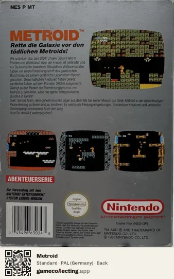 Metroid Nintendo Entertainment System, Germany box back