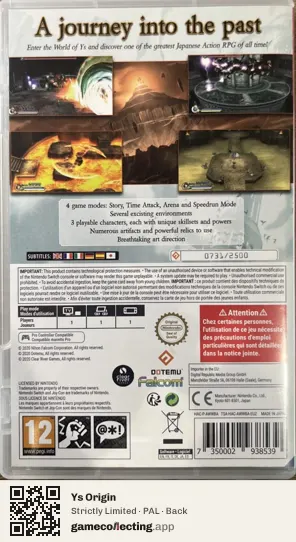 Ys Origin Nintendo Switch, PAL box back