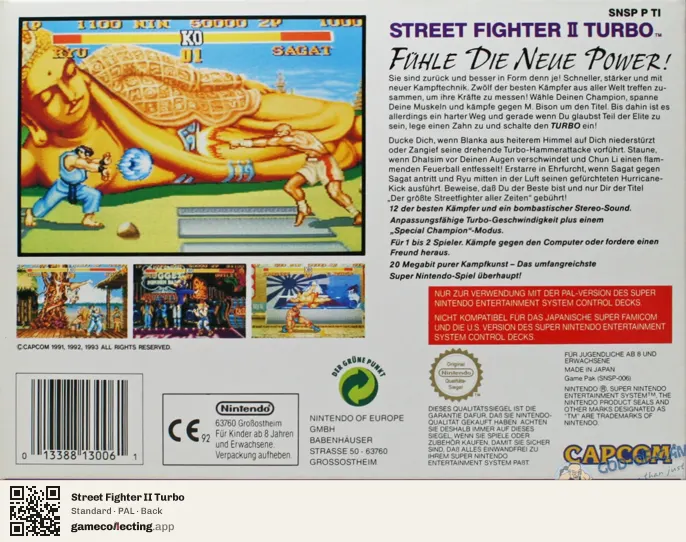 Street Fighter II Turbo Super Nintendo Entertainment System, PAL box back