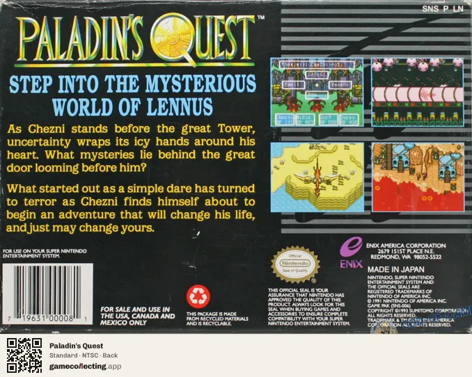 Paladin's Quest Super Nintendo Entertainment System, NTSC box back