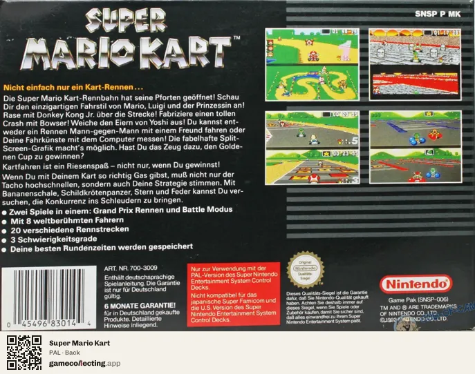 Super Mario Kart Super Nintendo Entertainment System, PAL box back