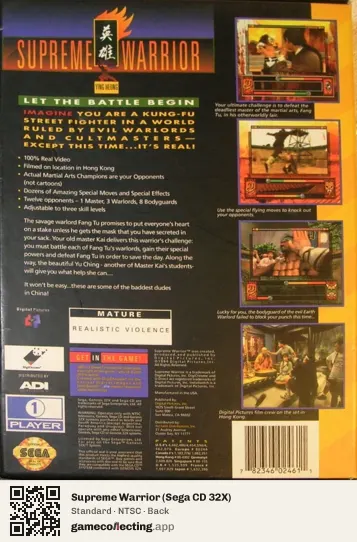 Supreme Warrior (Sega CD 32X) Sega Mega-CD / Sega CD, NTSC box back