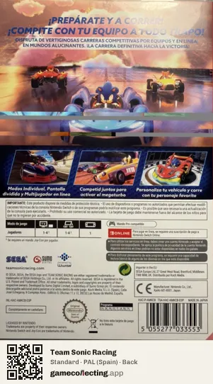 Team Sonic Racing Nintendo Switch, Spain box back