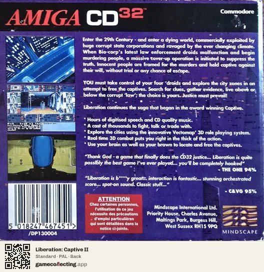 Liberation: Captive II Amiga CD32, PAL box back