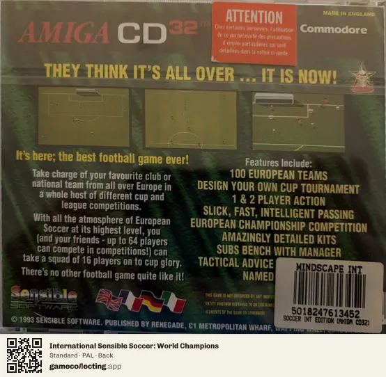 International Sensible Soccer: World Champions Amiga CD32, PAL box back
