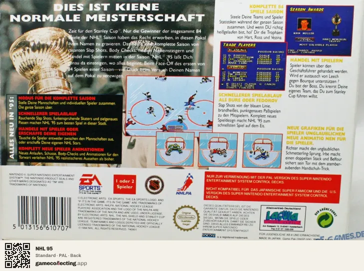 NHL 95 Super Nintendo Entertainment System, PAL box back
