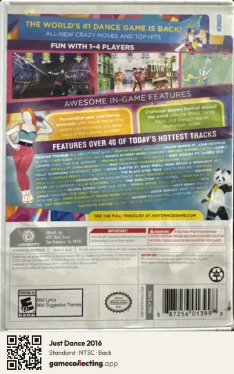 Just Dance 2016 Nintendo Wii, NTSC box back