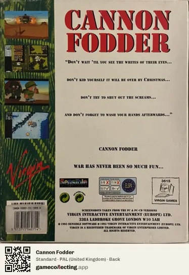 Cannon Fodder Amiga CD32, United Kingdom box back