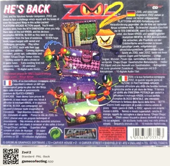 Zool 2 Amiga CD32, PAL box back