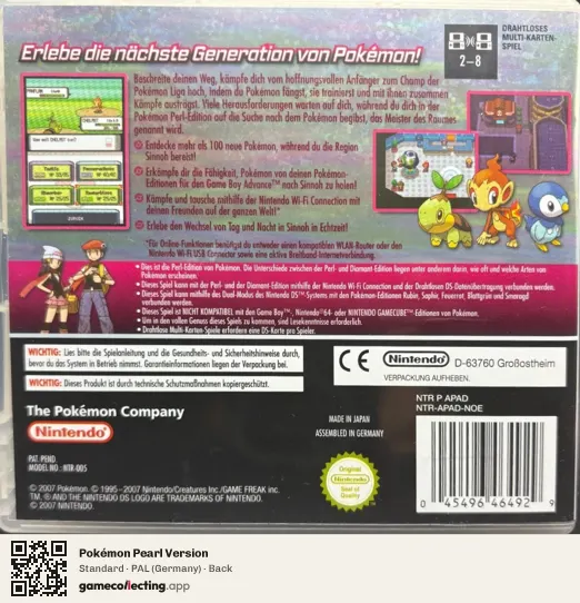Pokémon Pearl Version Nintendo DS, Germany box back