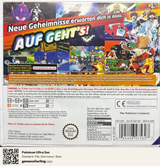 Pokémon Ultra Sun Nintendo 3DS, Germany box back