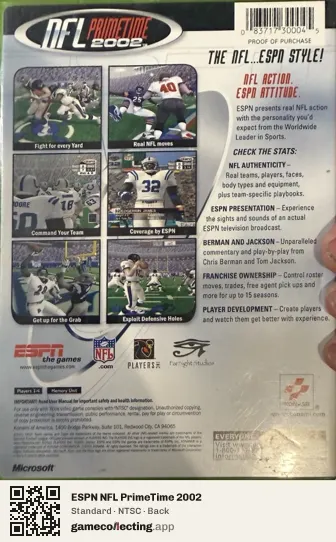 ESPN NFL PrimeTime 2002 Xbox, NTSC box back