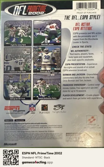 ESPN NFL PrimeTime 2002 Xbox, NTSC box back