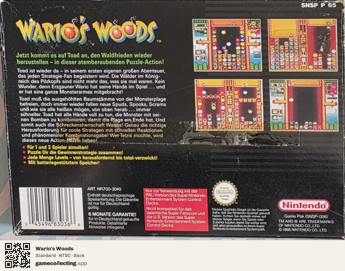 Wario's Woods Super Nintendo Entertainment System, NTSC box back