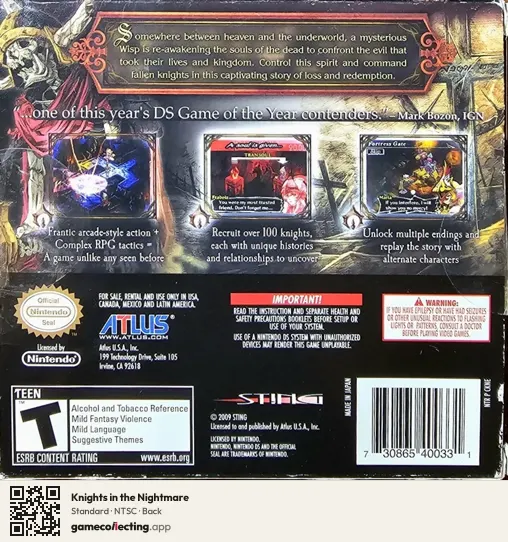 Knights in the Nightmare Nintendo DS, NTSC box back