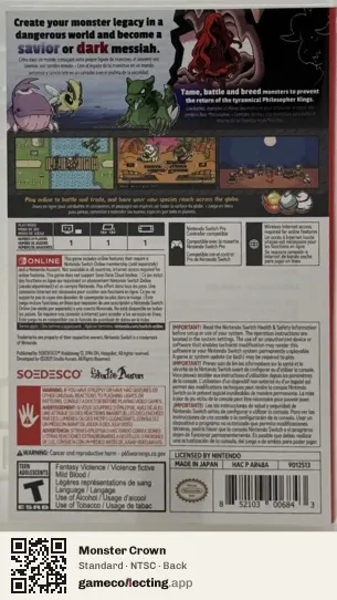Monster Crown Nintendo Switch, NTSC box back