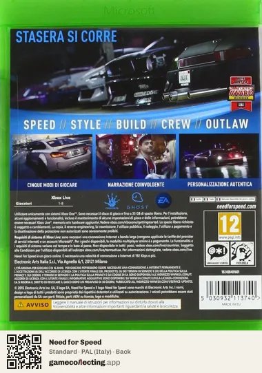 Need for Speed Xbox One, Italy box back