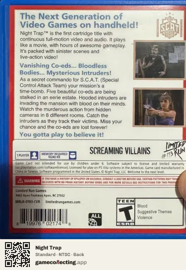 Night Trap PlayStation Vita, NTSC box back