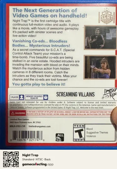 Night Trap PlayStation Vita, NTSC box back