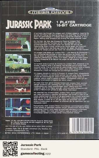 Jurassic Park Sega Mega Drive / Genesis, PAL box back