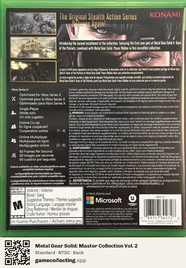 Metal Gear Solid: Master Collection Vol. 2 Xbox Series X, NTSC box back
