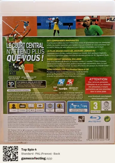 Top Spin 4 PlayStation 3, France box back