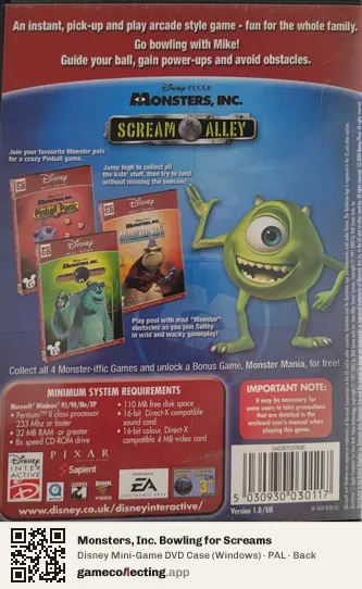 Monsters, Inc. Bowling for Screams Computer, PAL box back