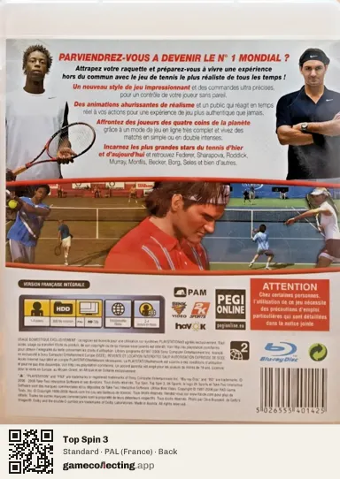 Top Spin 3 PlayStation 3, France box back