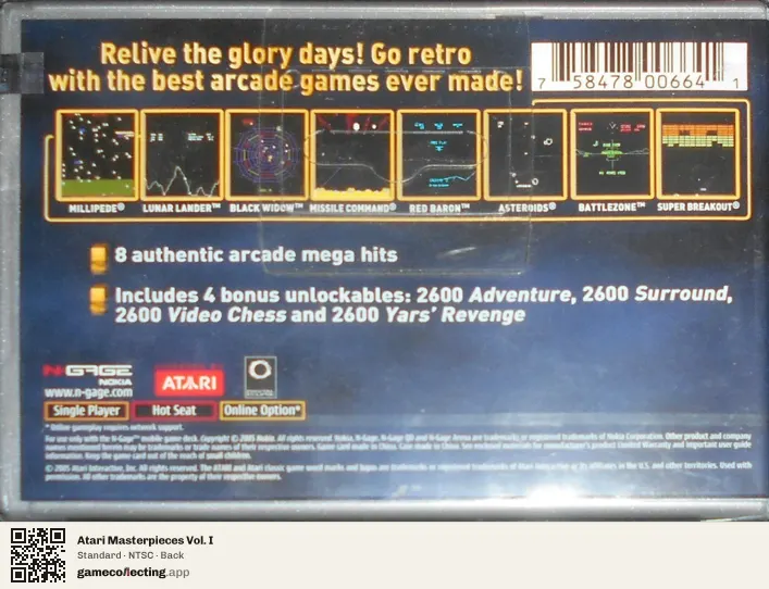 Atari Masterpieces Vol. I Nokia N-Gage, NTSC box back