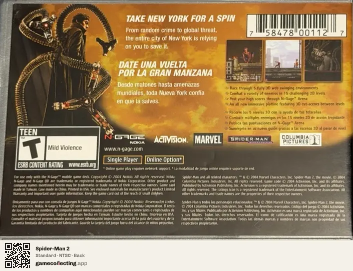 Spider-Man 2 Nokia N-Gage, NTSC box back