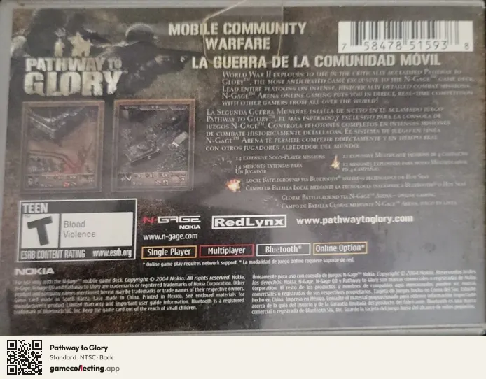 Pathway to Glory Nokia N-Gage, NTSC box back