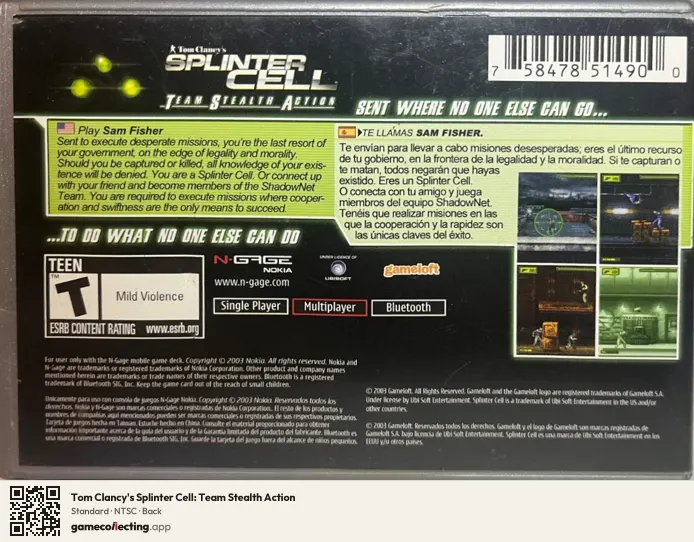 Tom Clancy's Splinter Cell: Team Stealth Action Nokia N-Gage, NTSC box back