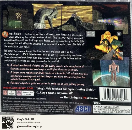 King's Field III PlayStation, NTSC box back
