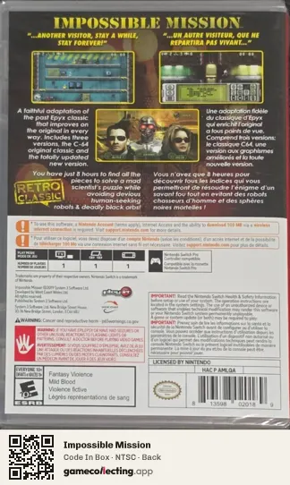 Impossible Mission Nintendo Switch, NTSC box back
