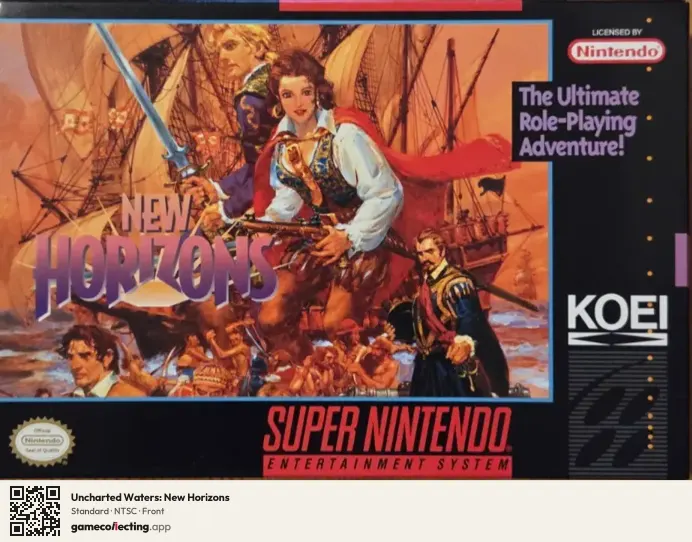 Uncharted Waters: New Horizons Super Nintendo Entertainment System, NTSC box front