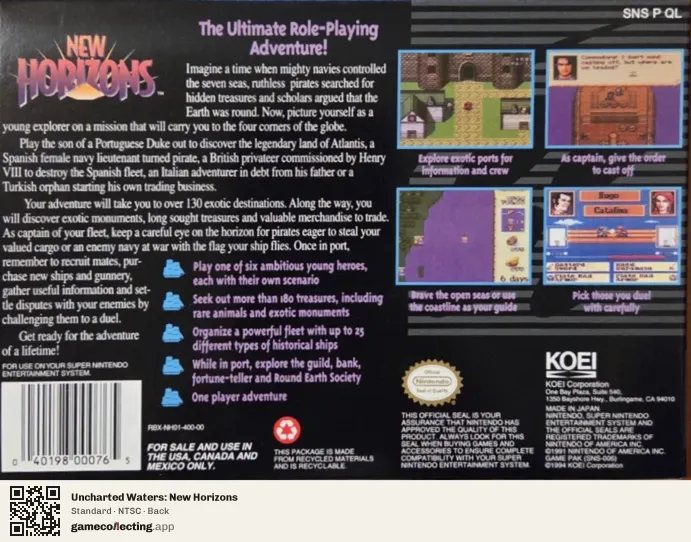 Uncharted Waters: New Horizons Super Nintendo Entertainment System, NTSC box back