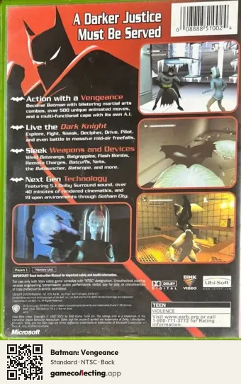 Batman: Vengeance Xbox, NTSC box back