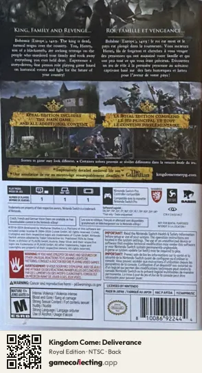 Kingdom Come: Deliverance Nintendo Switch, NTSC box back