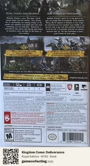 Kingdom Come: Deliverance Nintendo Switch, NTSC box back