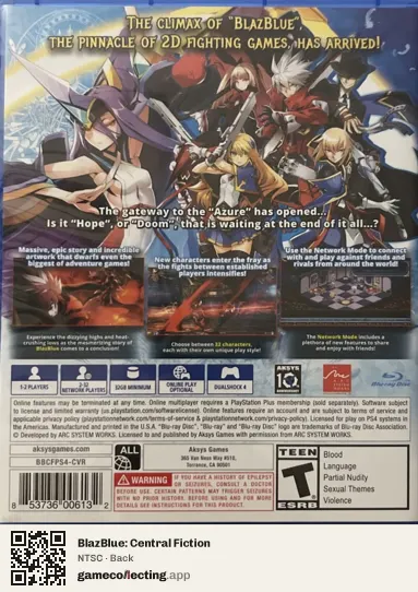 BlazBlue: Central Fiction PlayStation 4, NTSC box back