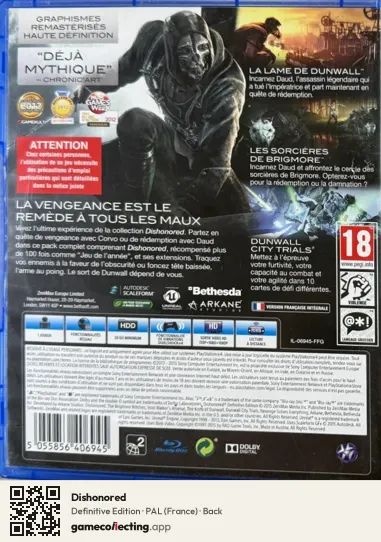 Dishonored PlayStation 4, France box back